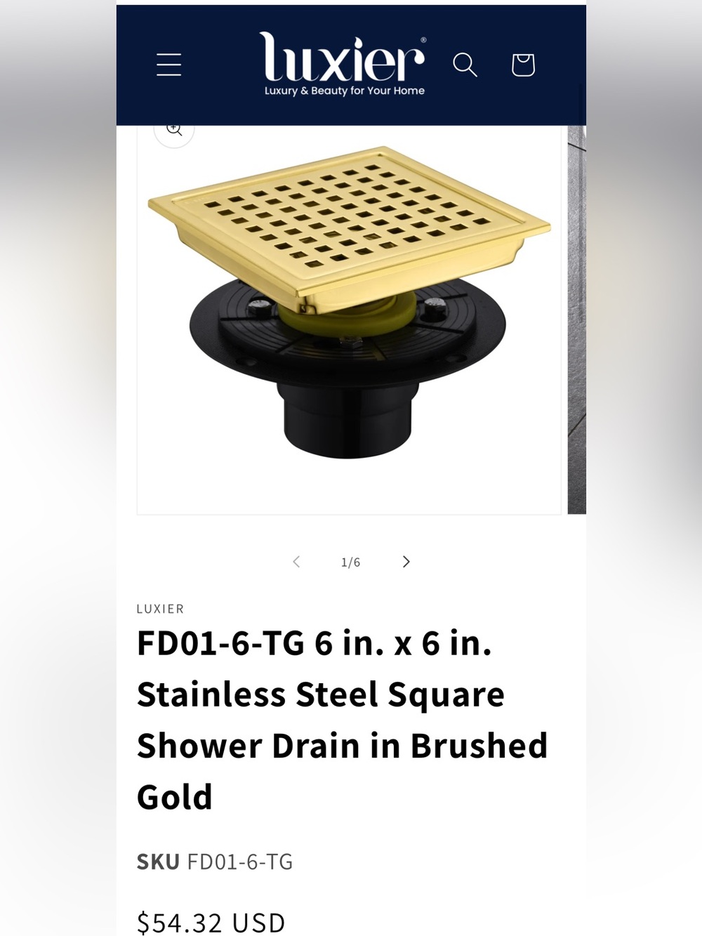 Luxie Brushed Gold Square Shower Drain with Black Base
